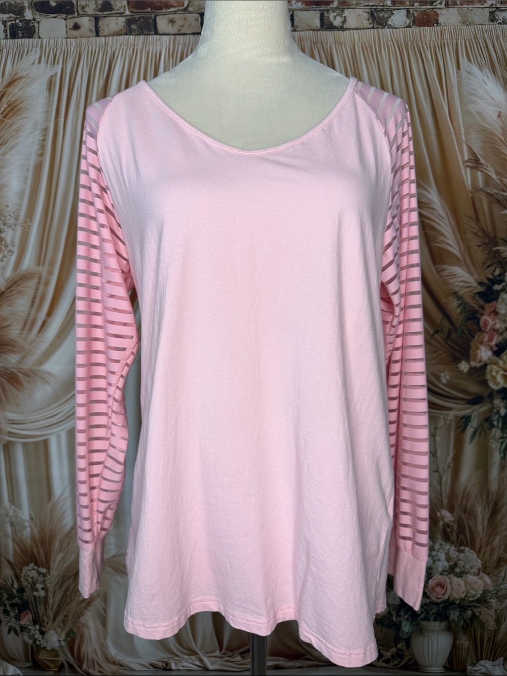 Soft Pink Long-Sleeve Tee with Striped Sleeves
